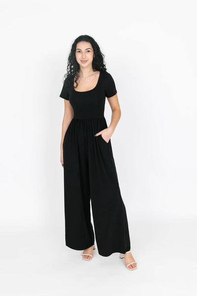 Smash + Tess Camille Short Sleeve Romper in Midnight Black