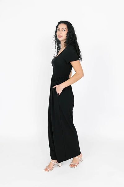 Smash + Tess Camille Short Sleeve Romper in Midnight Black